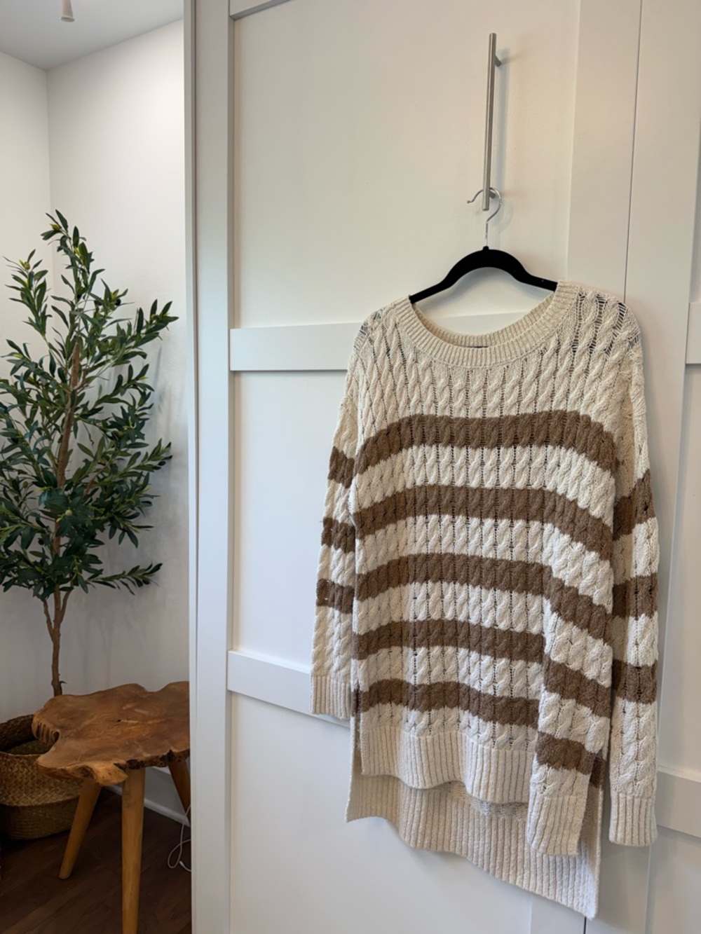 Pilcro Longline Stitch Sweater Cream & Brown Striped Cable-Knit Crewneck Sweater